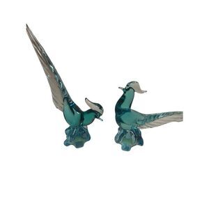 Two Seguso Murano Blue Green Glass Bird Sculptures
